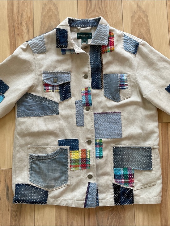 Ralph Lauren Jackets & Blazers - Ralph Lauren Cream Cotton Patchwork Jean Jacket with Blue and Multicolor Accents